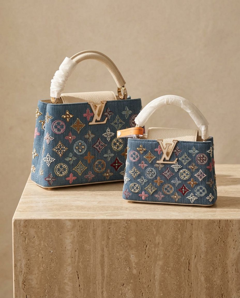 Bolso Denim Bordado con Piel